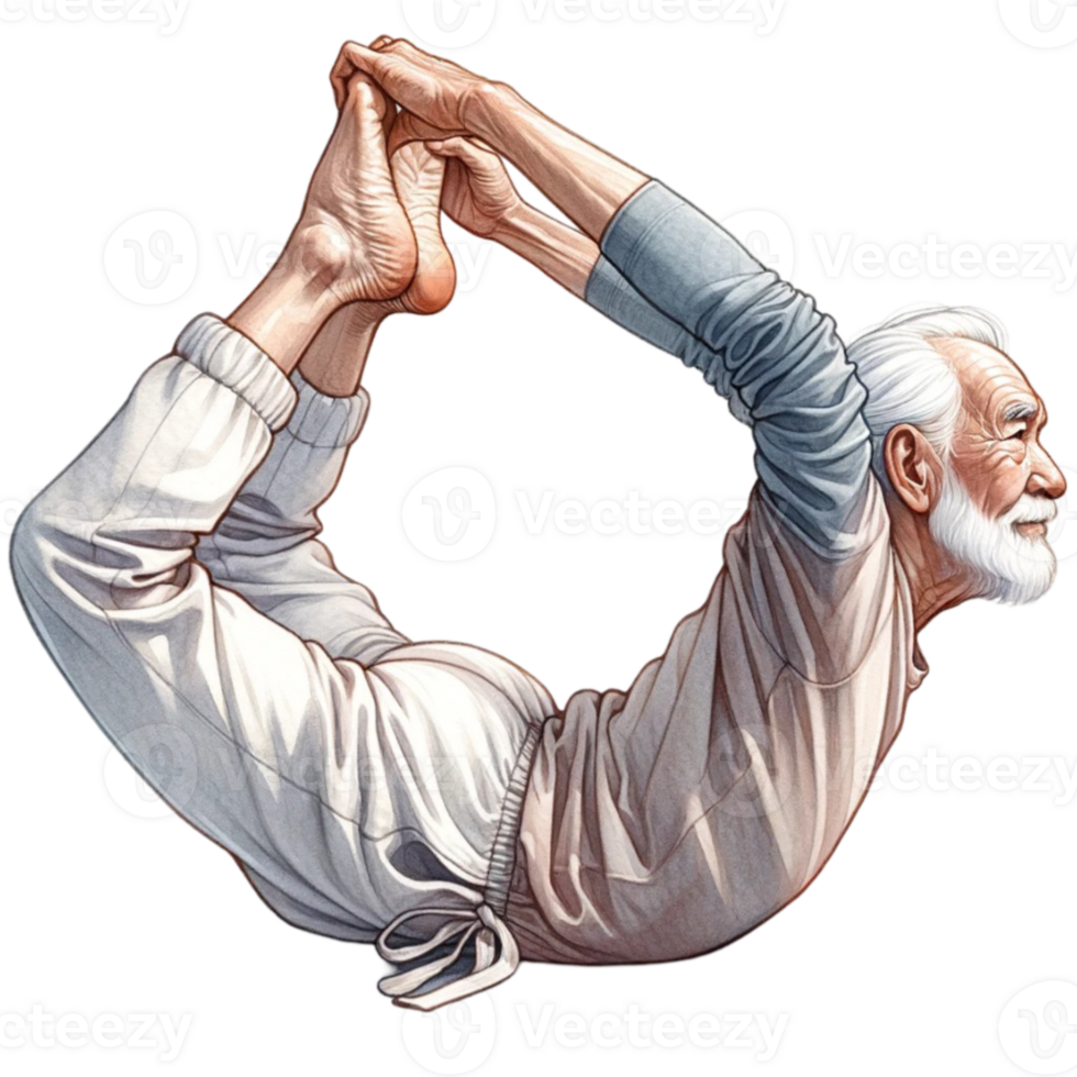 Grandfather in Yoga Clipart This digital artwork features a cheerful elderly man striking a peaceful yoga pose, illustrated with vibrant colors and a touch of whimsy. png