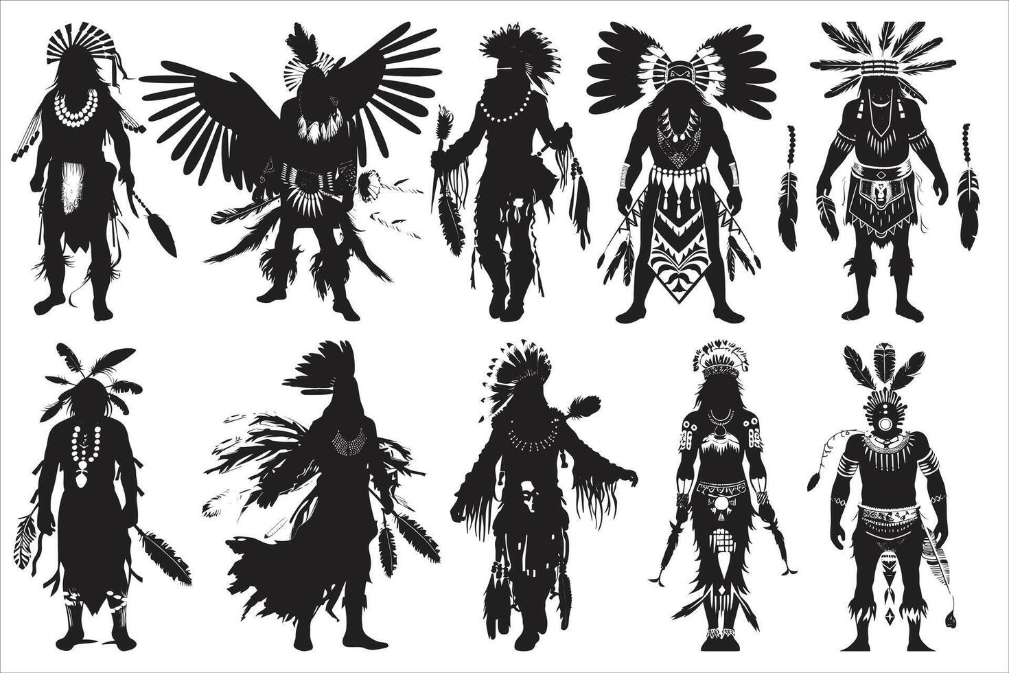 Native American Indian costume black silhouette, Young woman in costume of American Indian. Silhouette of beautiful Indian women vector