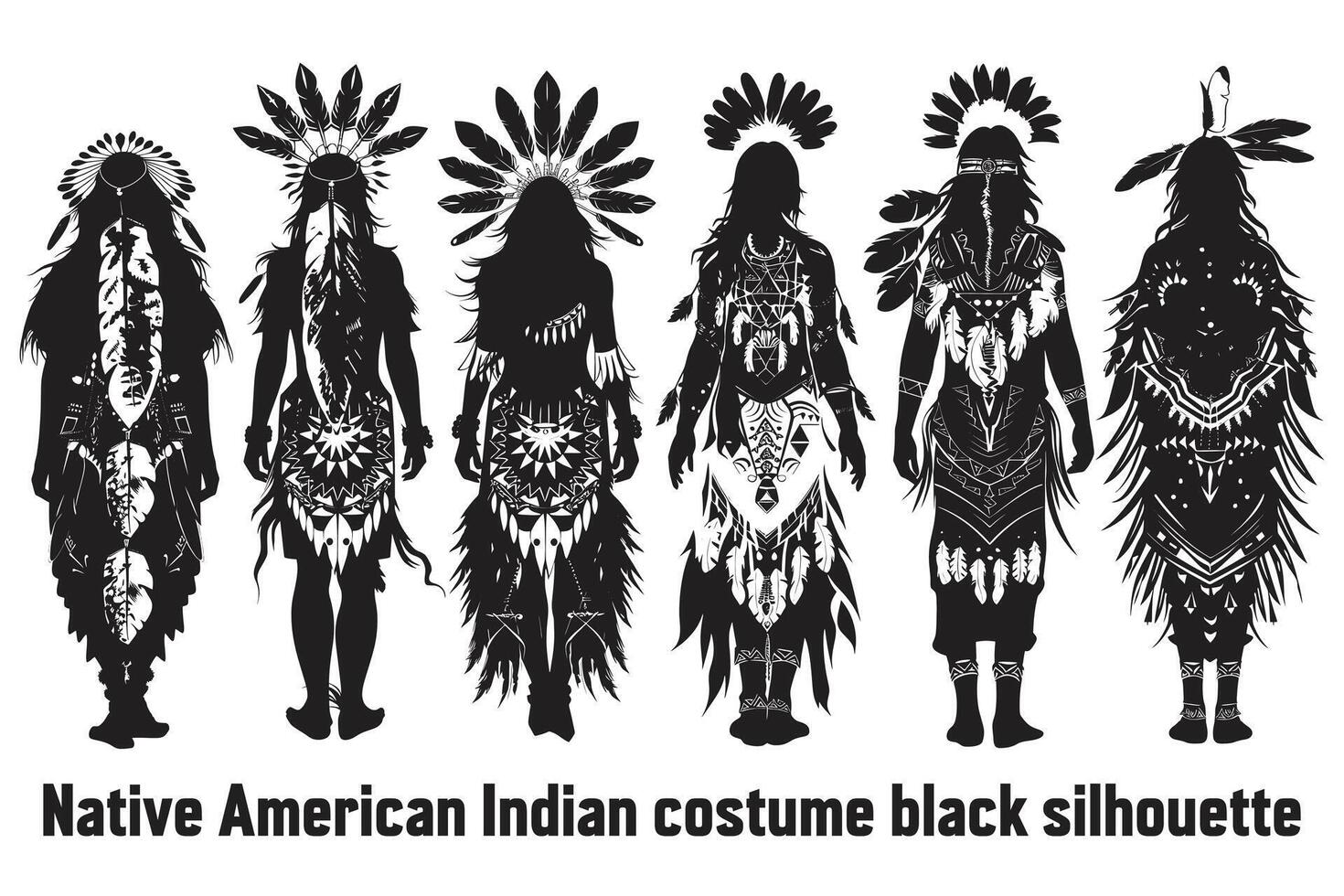 Native American Indian costume black silhouette, Young woman in costume of American Indian. Silhouette of beautiful Indian women vector