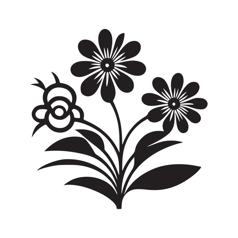 Flowers black and white flat design line art. White background. vector