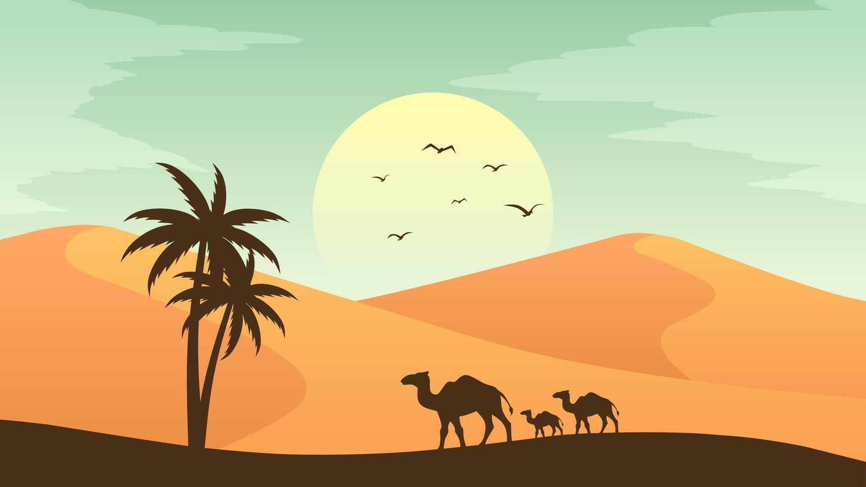 Landscape illustration of camels silhouette in the sand desert vector