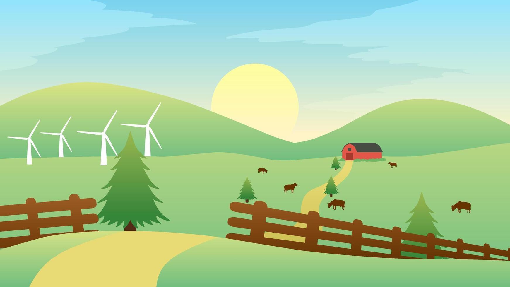 Landscape illustration of farmland with cattle and barn in green hill vector