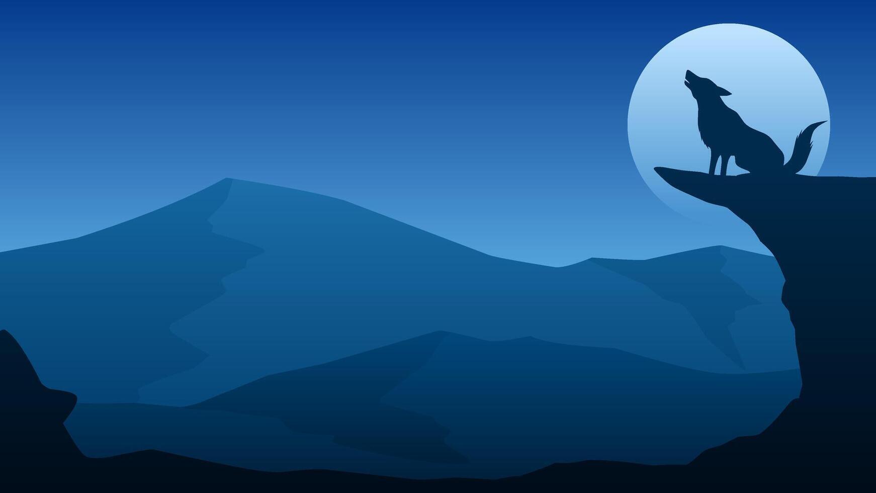 Landscape illustration of a wolf howling at cliff in the night vector