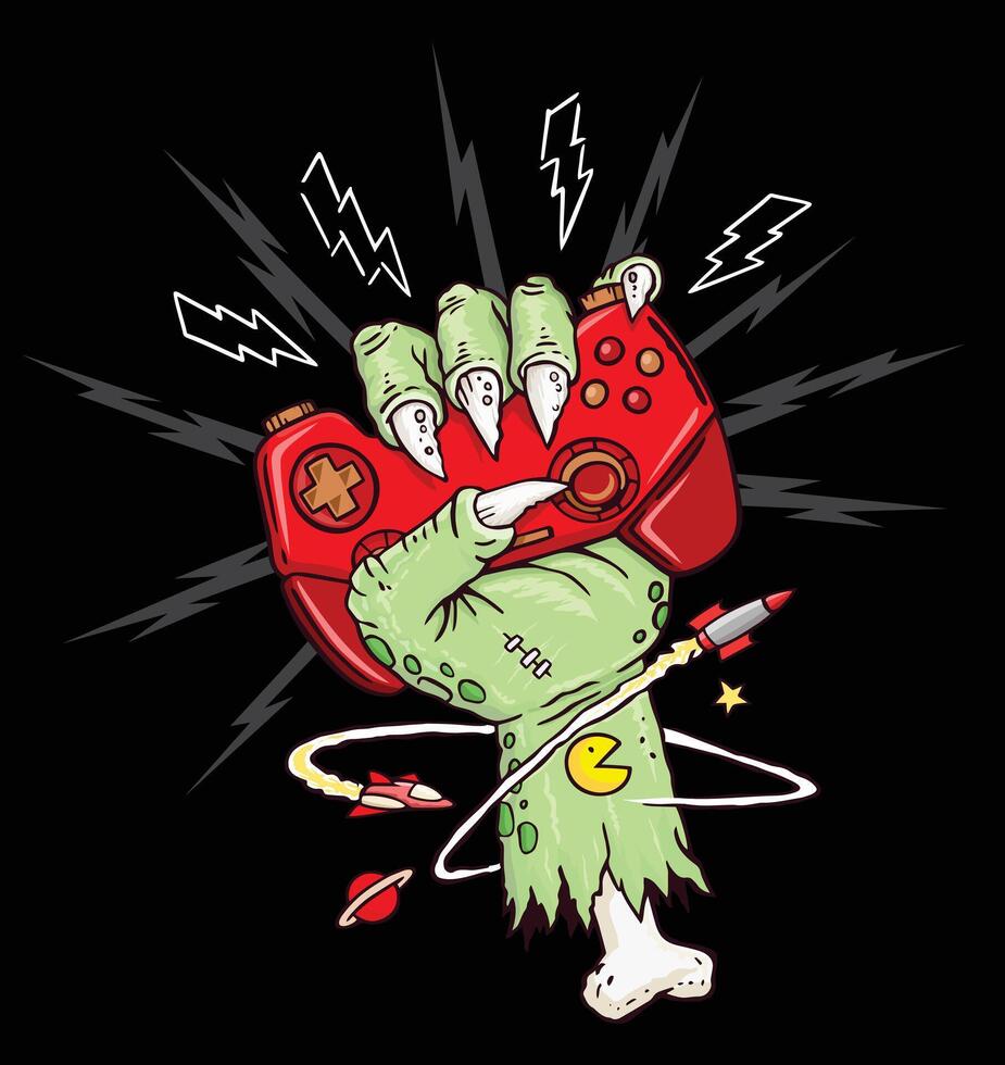 Illustration of a zombie hand holding a game controller. Cartoon style art. vector