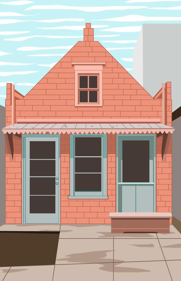 house with orange bricks and green door among tall buildings vector
