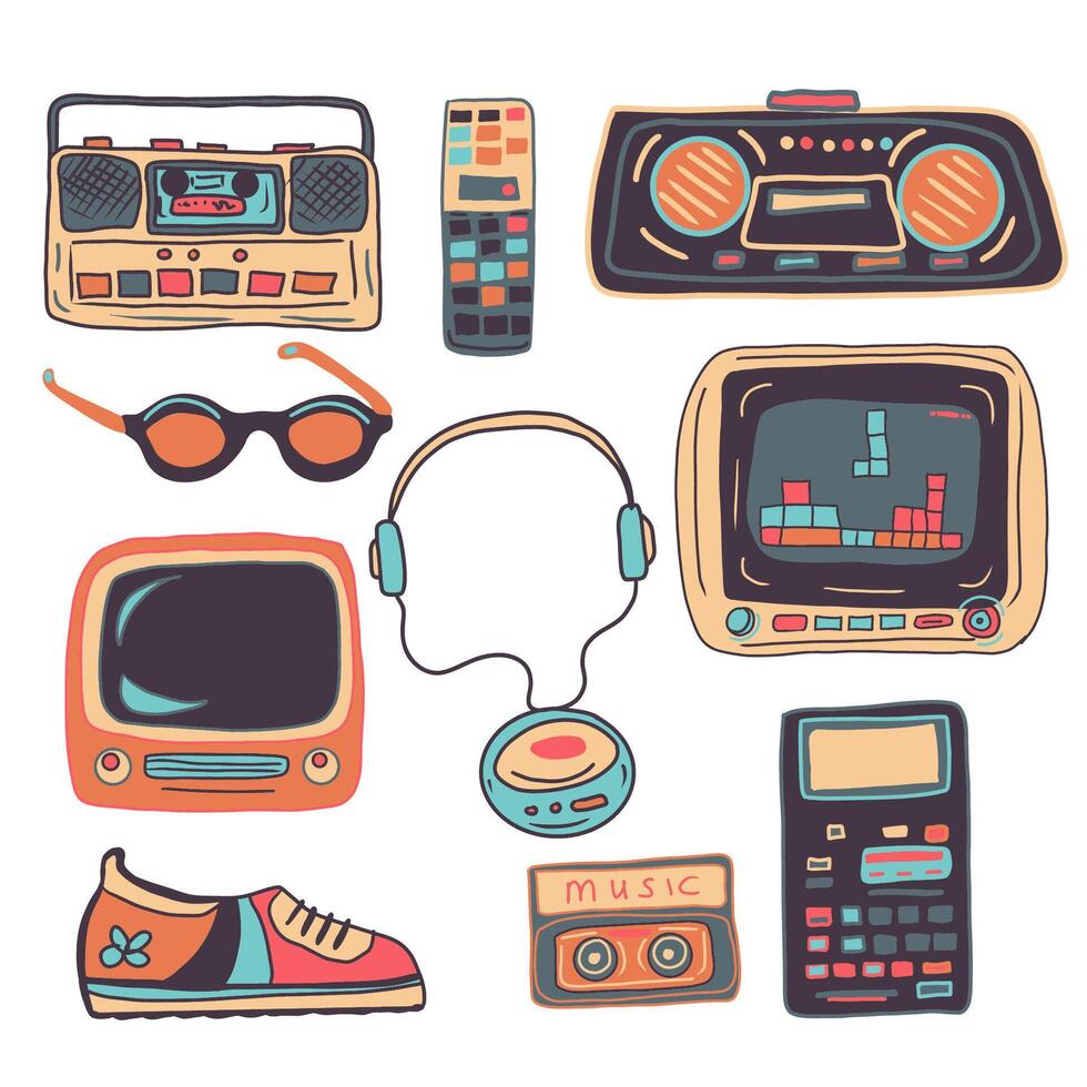 Set of aesthetic y2k elements. Retro radio, cassette player, headphones, game pad. vector