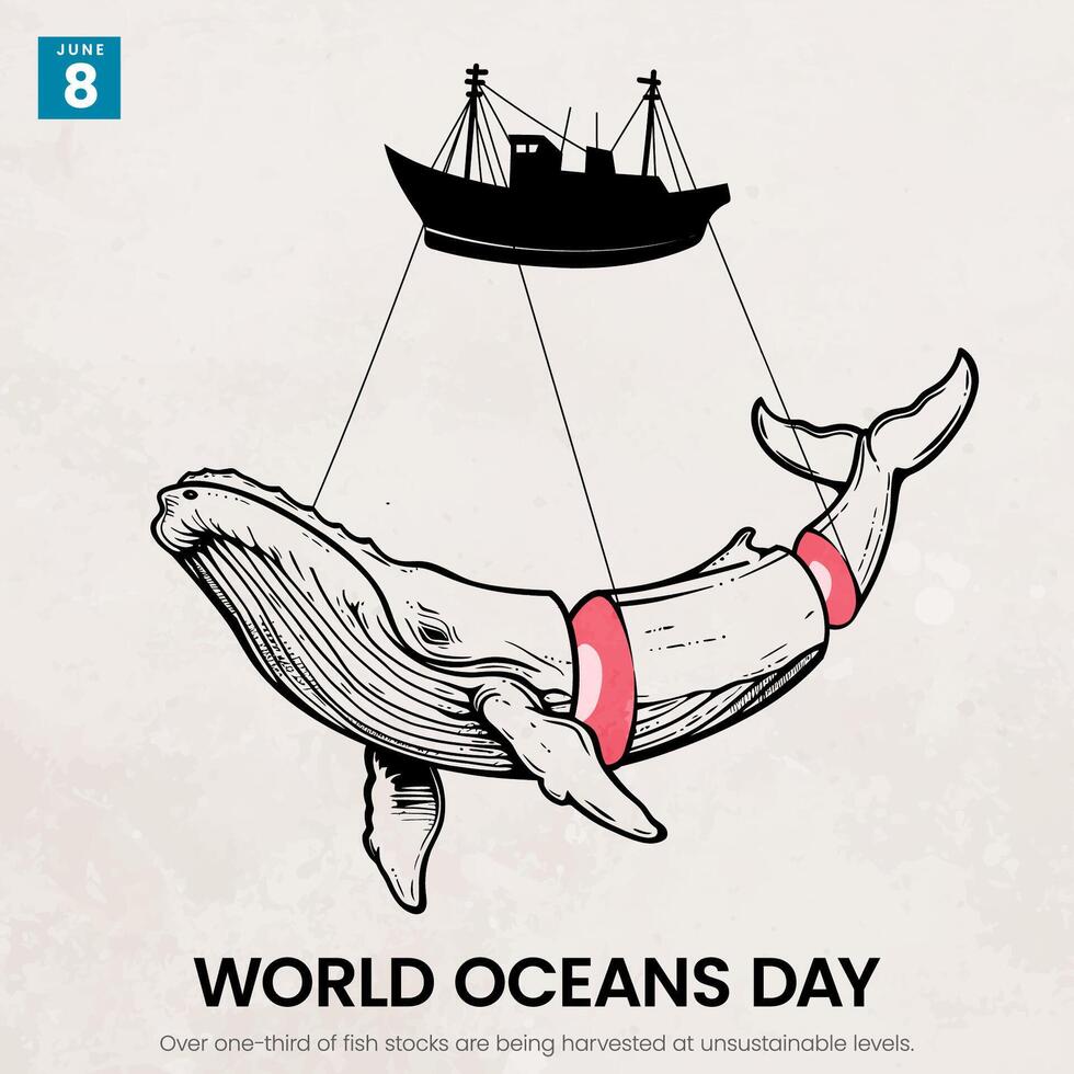 World Oceans Day design templates with whalers and whales vector