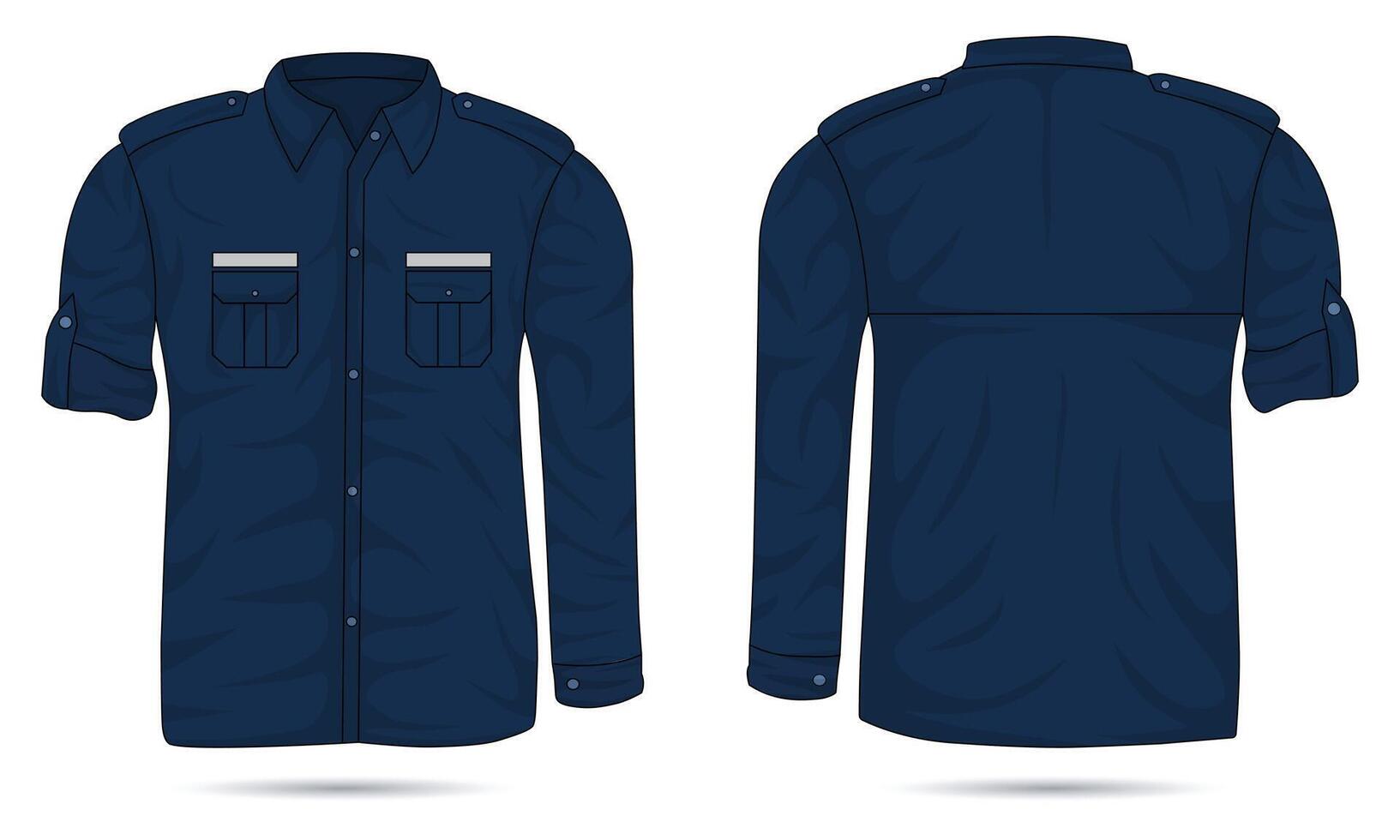 Long sleeve work shirt template front and back view. Dark blue PDH shirt mockup vector