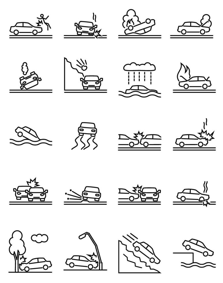 A simple set of line icons related to a car accident. A thin set of icons, a black and white set. Side impact vector