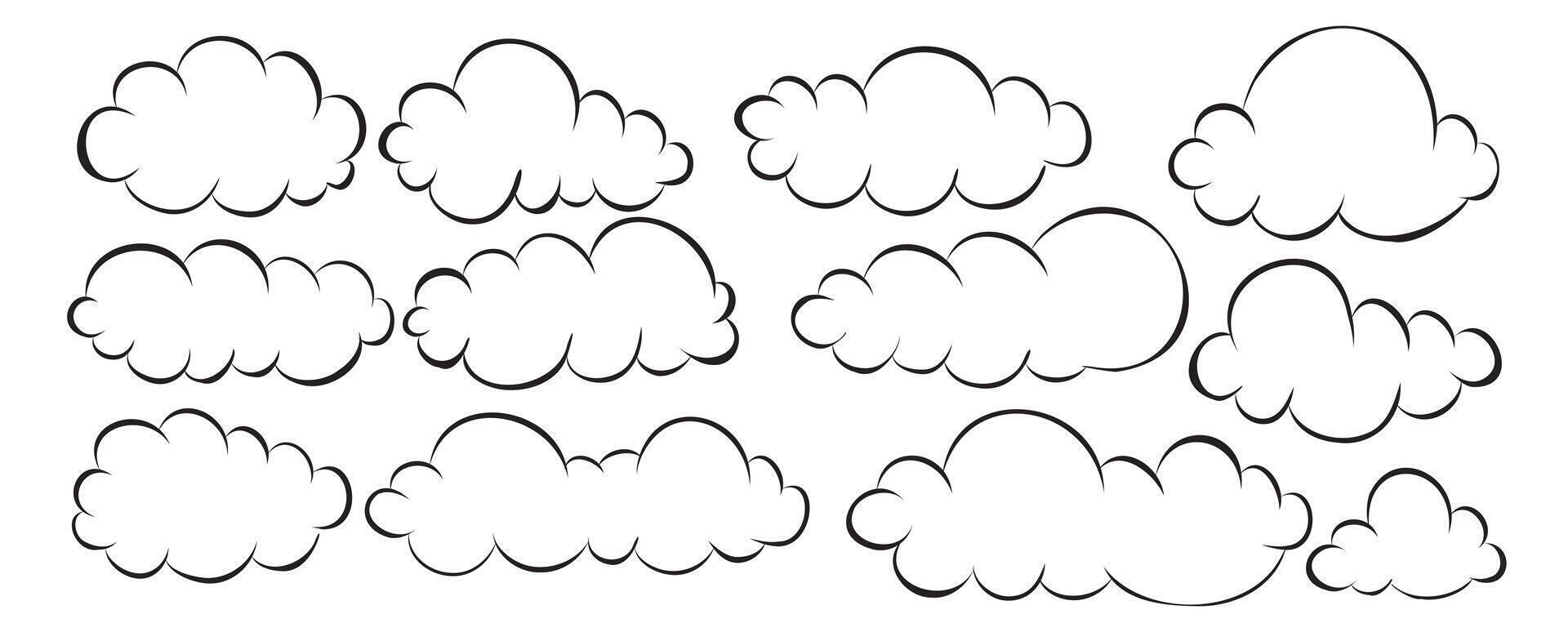 Big set flat clouds, sky, black line silhouette, one line, clouds collection on white background vector