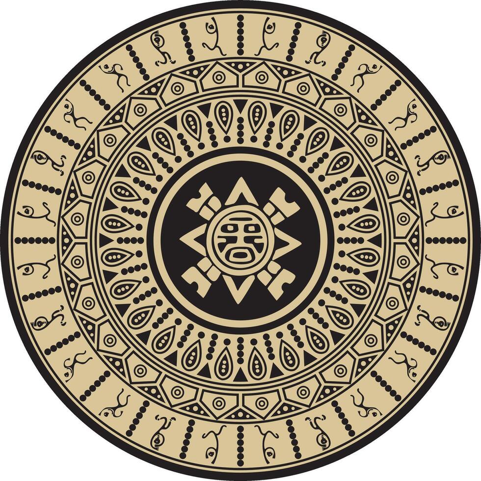 Native American round gold pattern. Geometric shapes in a circle. National ornament of the peoples of America, Maya, Aztecs, Incas vector