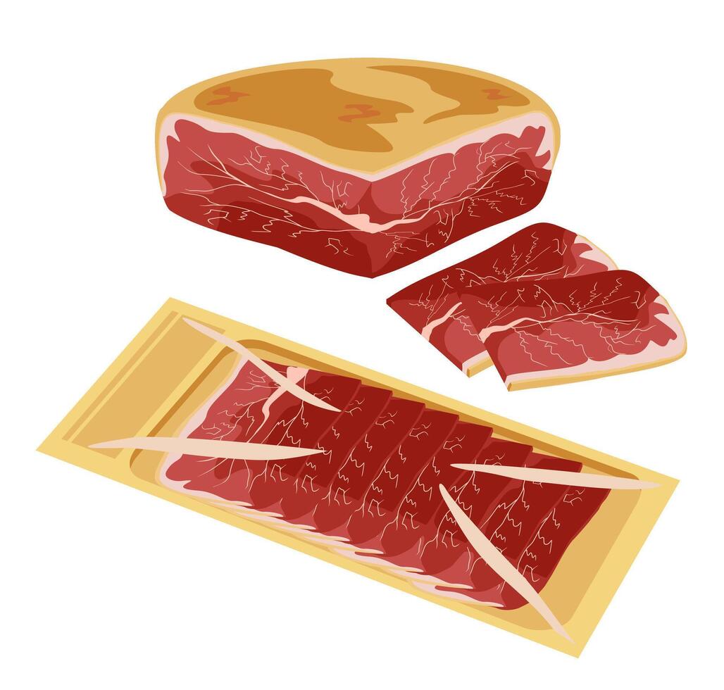 Spanish jamon iberico, serrano ham, talian prosciutto crudo. Isolated on white background. Jerked ham. Meat delicacies. vector