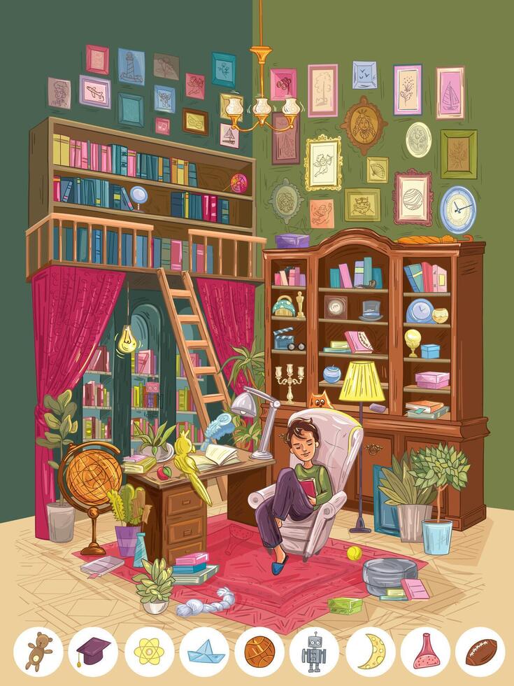 Boy reading book in huge old library vector