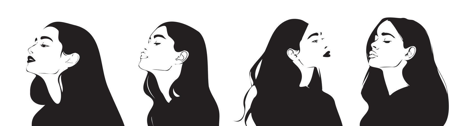 Set of woman portrait head silhouette, face profile, vignette. Hand drawn black illustration on white background. Design for invitations, cards vector