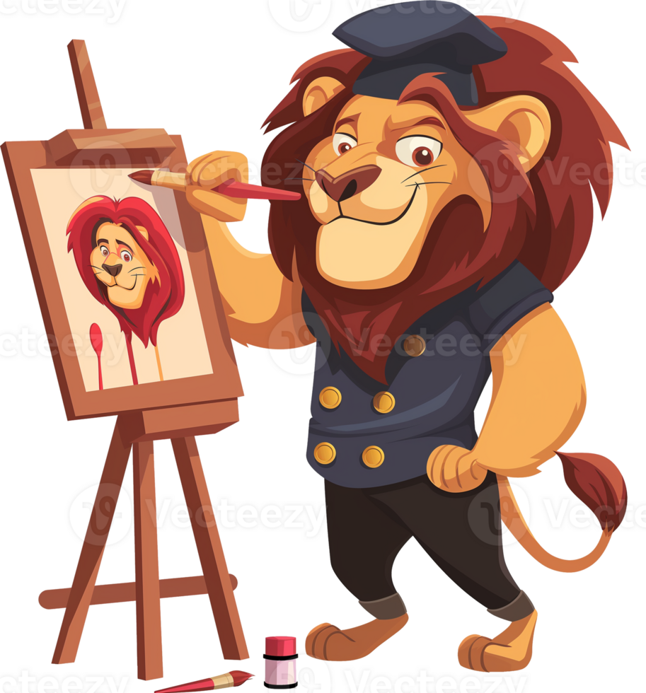 Lion Cartoon - An artist lion Clipart on a Transparent Background png