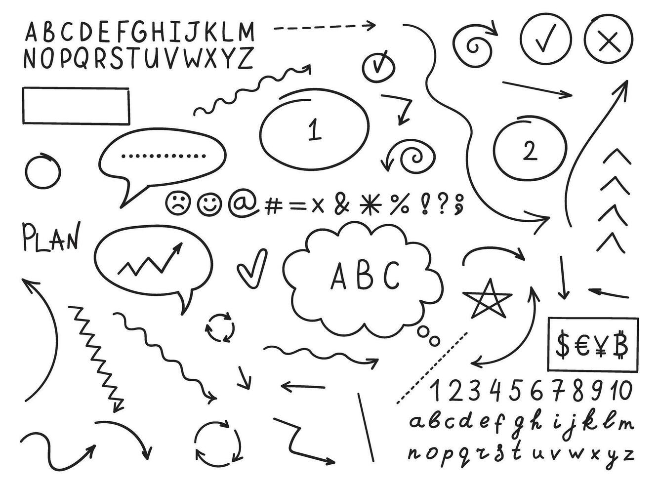 Arrow circles and abstract doodle icon in hand drawn style. Number illustration on isolated background. Letters, arrows sign business concept. vector