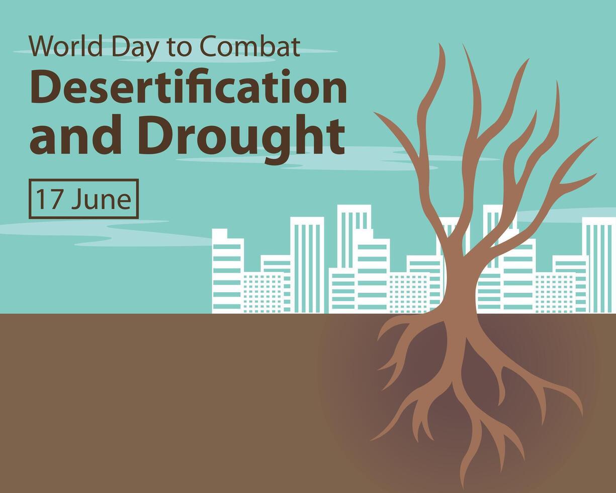 illustration graphic of dry trees on barren land, featuring skyscrapers in the background, perfect for international day, desertification and drought, celebrate, greeting card, etc. vector