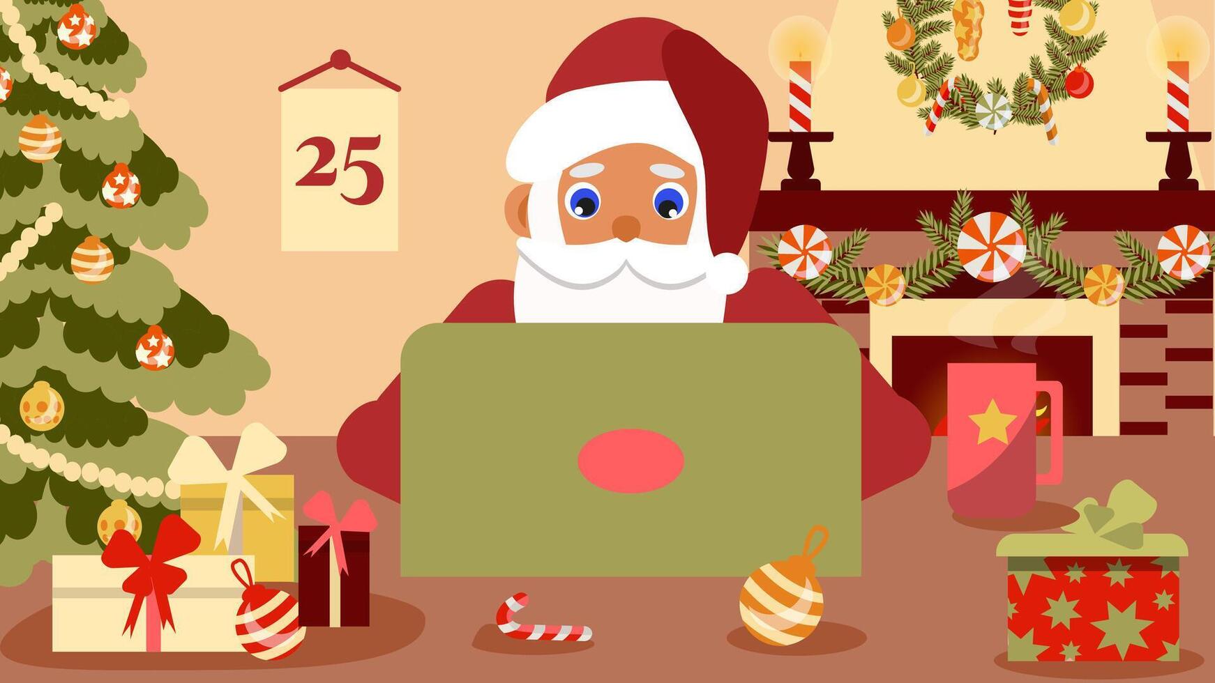 Papa Noel claus es sentado a un mesa con un ordenador portátil y un Navidad árbol con regalos, en un acogedor habitación con un chimenea, un festivo Navidad ilustración en un plano estilo, un saludo tarjeta para invierno vacaciones. vector