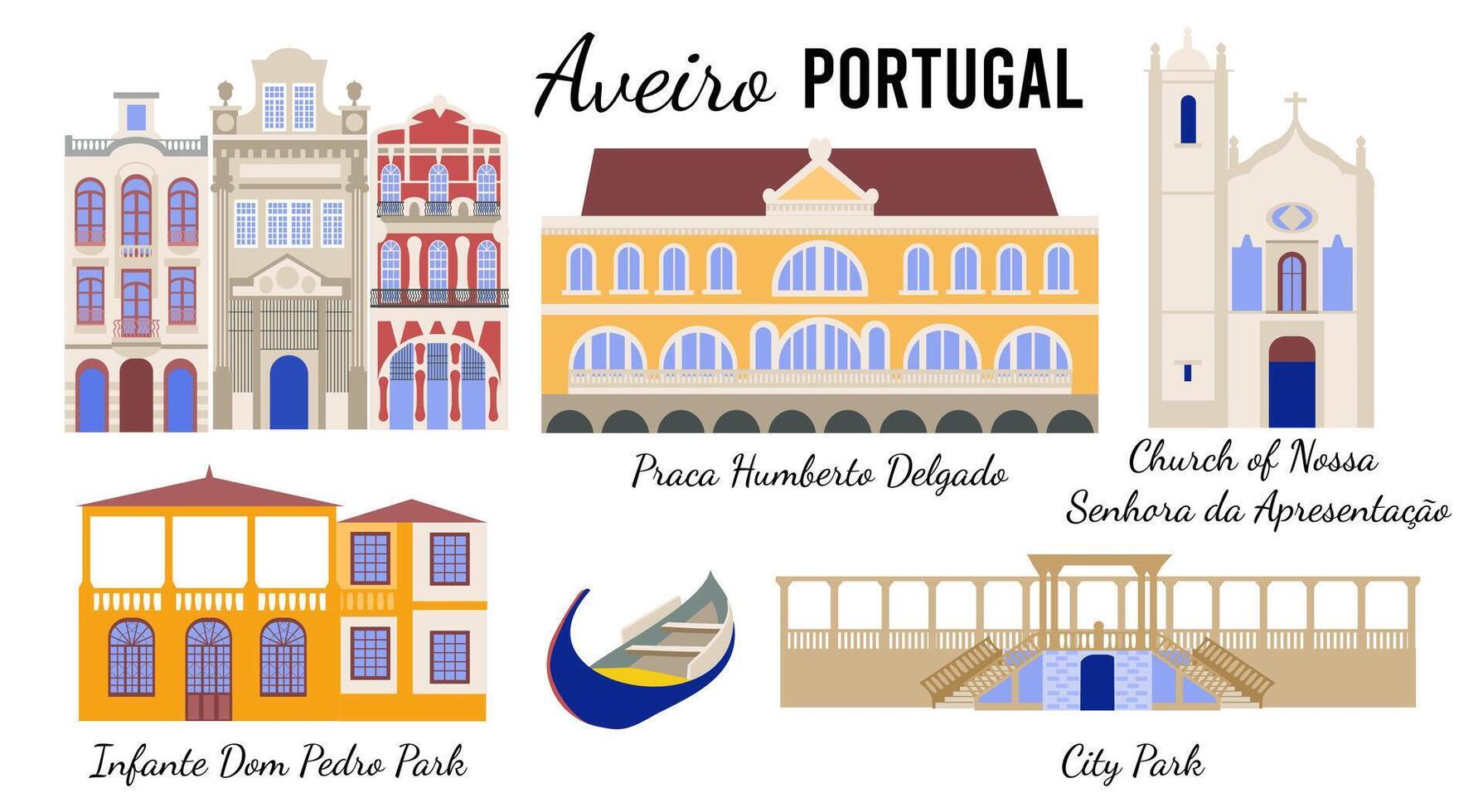 conjunto de símbolos de Aveiro, portugués Venecia. arquitectónico monumentos de el vistoso europeo ciudad de Aveiro, plano ilustración para pancartas, recuerdo tarjetas, impresión en tazas y platos. vector