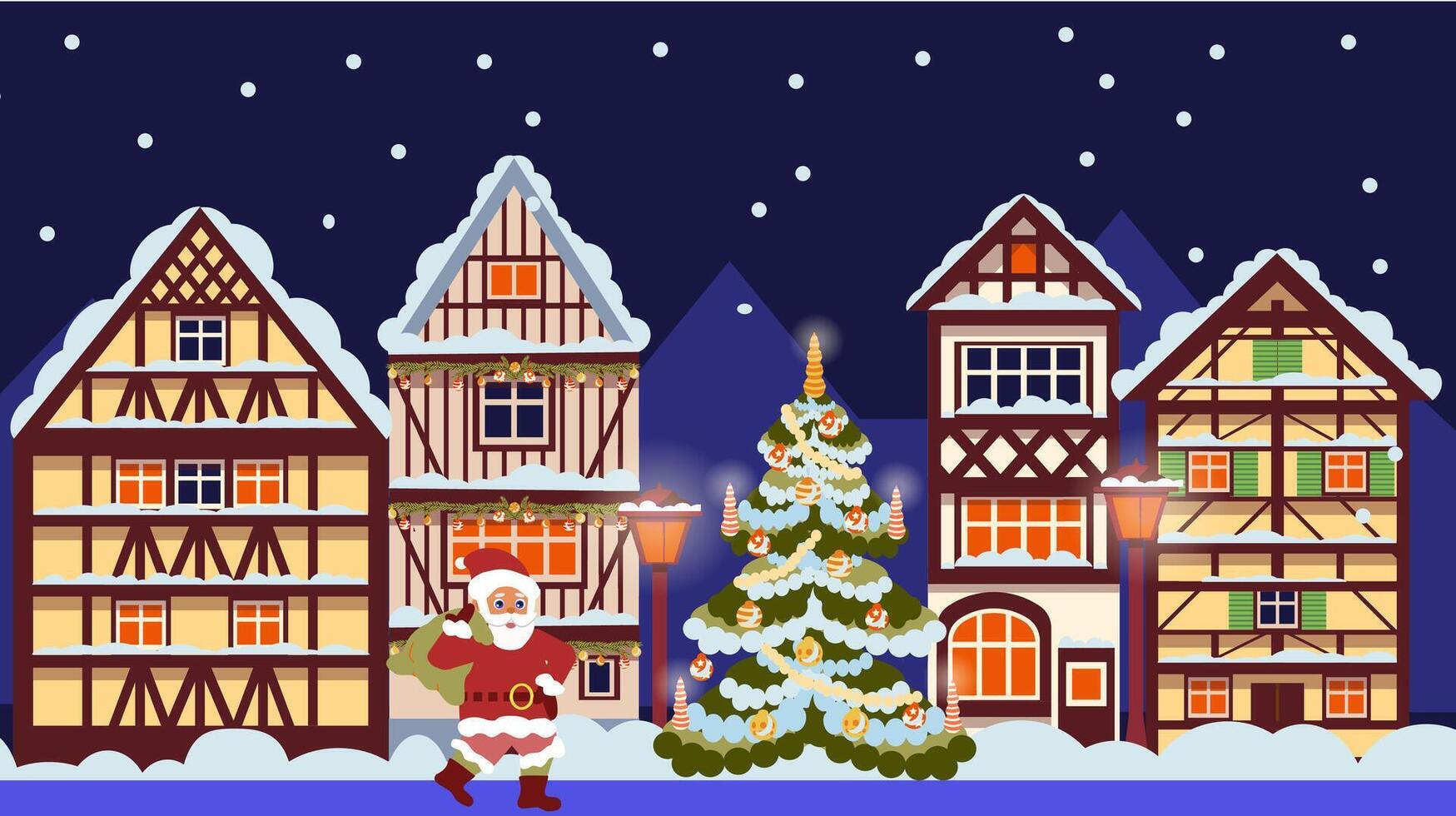 Papa Noel claus camina mediante un Nevado europeo ciudad con antiguo madera casas y un decorado Navidad árbol, un festivo Navidad ilustración en un plano estilo, un saludo tarjeta para invierno vacaciones. vector