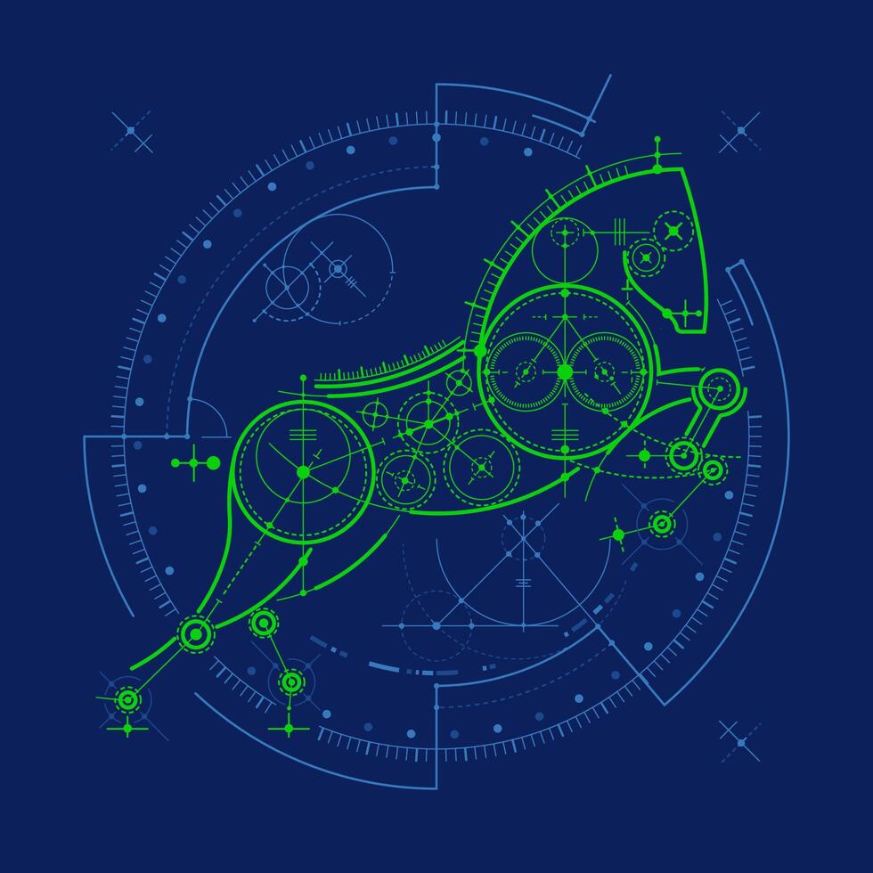 graphic of futuristic horse blueprint with tech element vector
