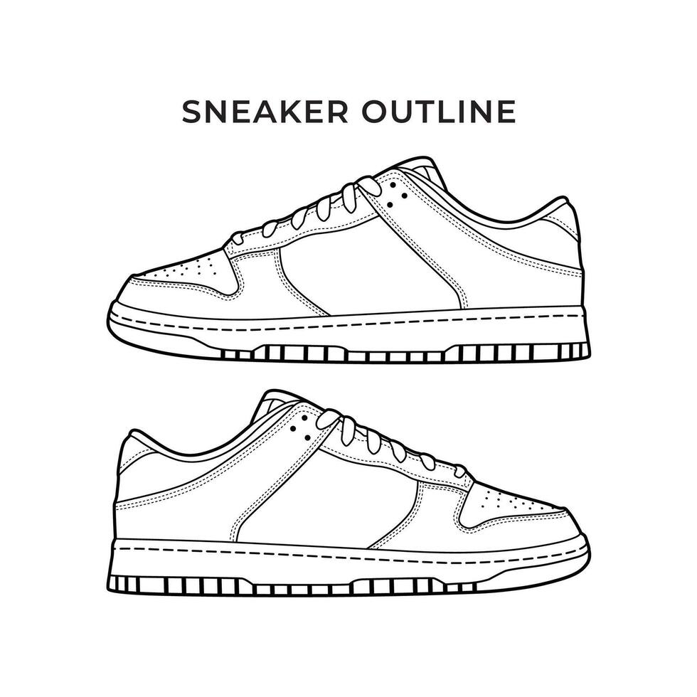 Sneakers shoe white and black color with outline. Sneaker side view flat design concept. Icon logo illustration. vector