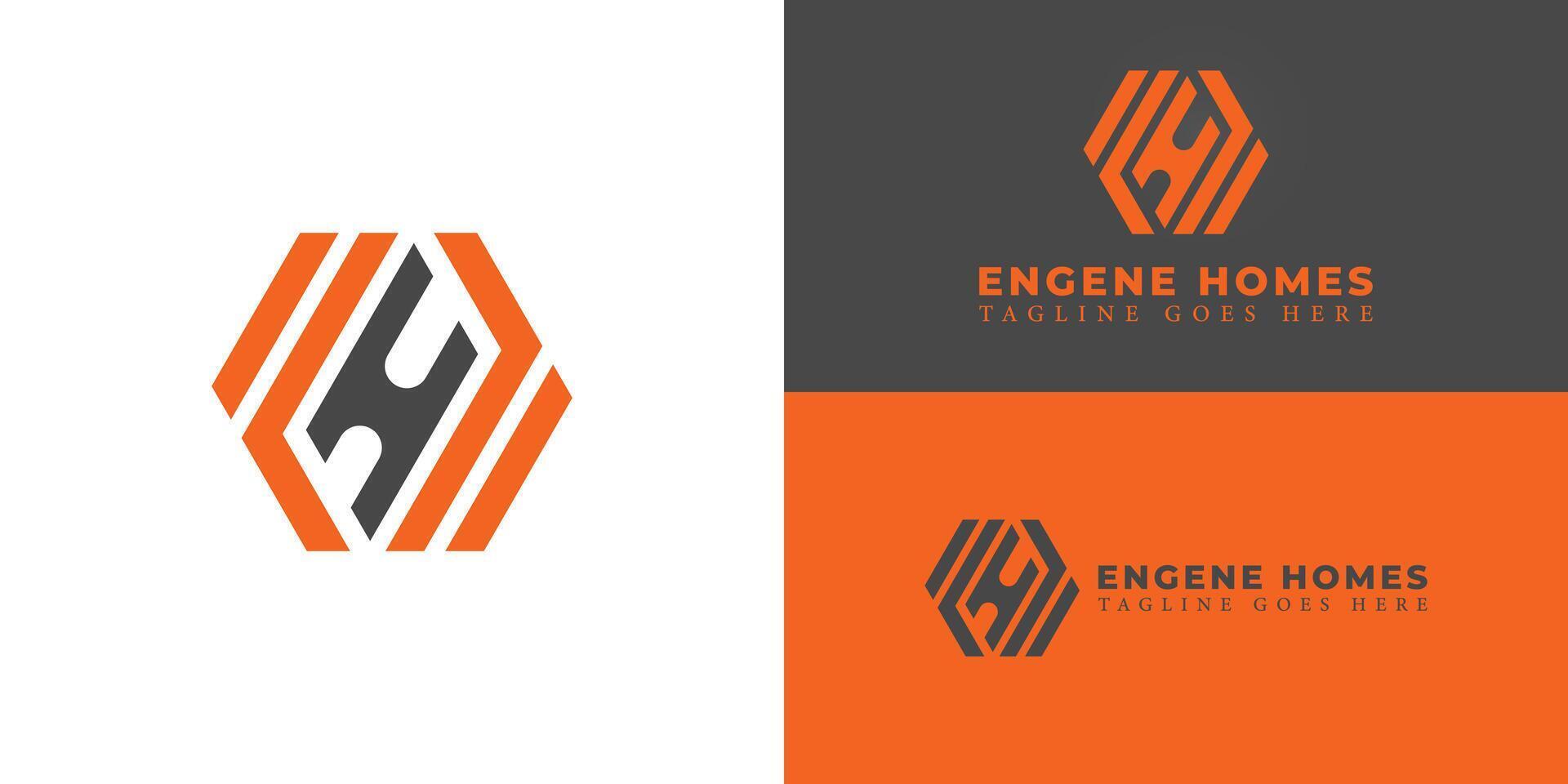 Abstract initial hexagon letter EH or HE logo in orange-black color isolated on multiple background colors. The logo is suitable for home builders' business service logo design inspiration templates. vector
