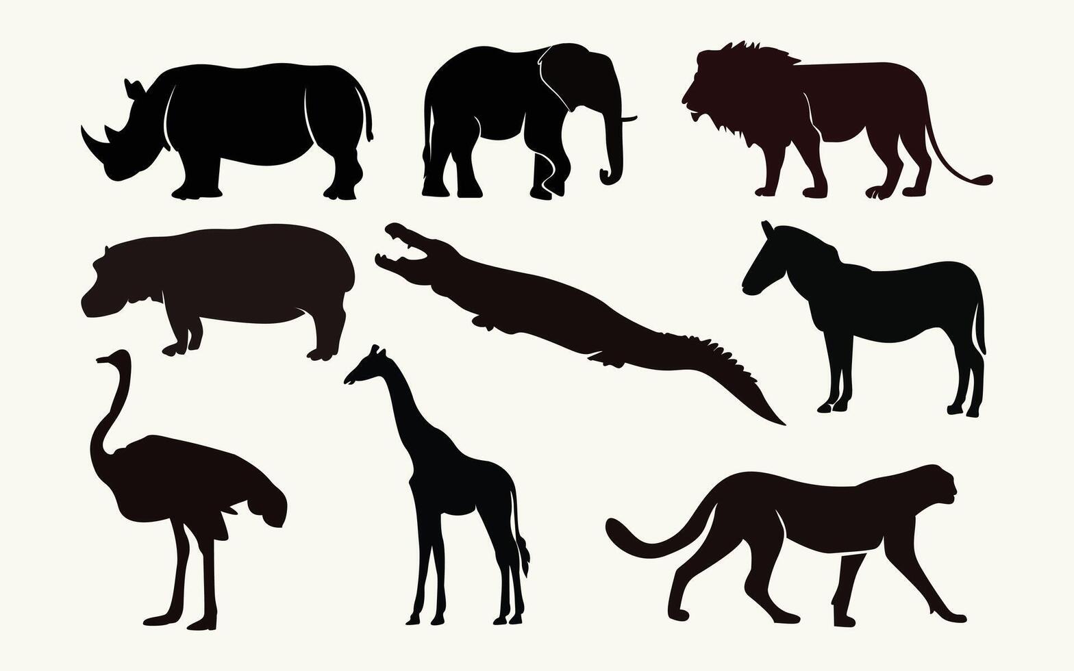 Wild black animal silhouette collection with including rhinoceros,tiger,elephant etc vector