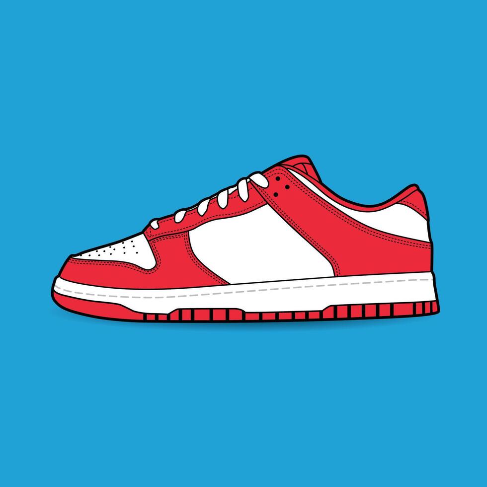 zapatillas zapato rojo y blanco color con blanco cordones zapatilla de deporte lado ver plano diseño concepto. icono logo ilustración. vector