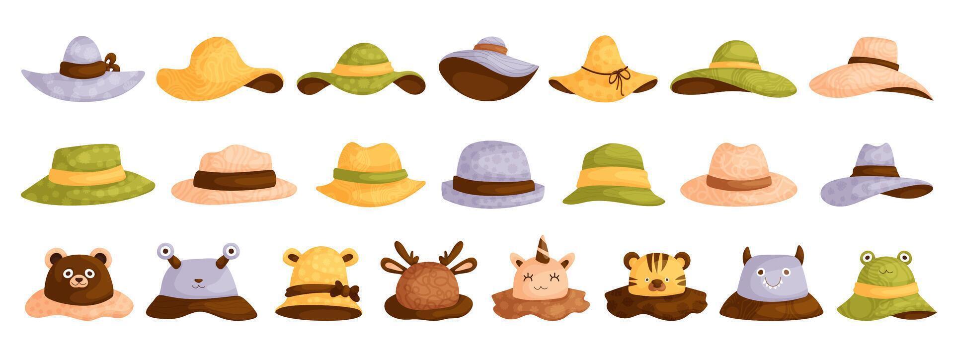 Cartoon hats. Female,male and kids headwear, derby and cowboy, straw hat, panama. Summer women vintage fashion hats set. Illustration female,male and Kids accessory hat. vector