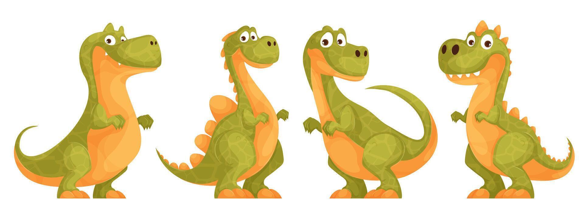 Set of green cute dinosaurs. A funny and amusing cartoon dinosaur with a quirky look and yellow scales poses. Prehistoric, primitive animal depicted for children, cards and prints. vector