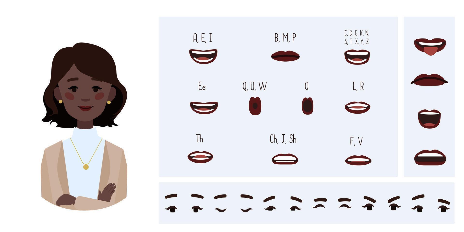 Business office woman avatar creation suitable for animation. Generator, constructor of diverse eyes, lips, emotion expressions mouth animation and lip sync. Woman character face construction. vector
