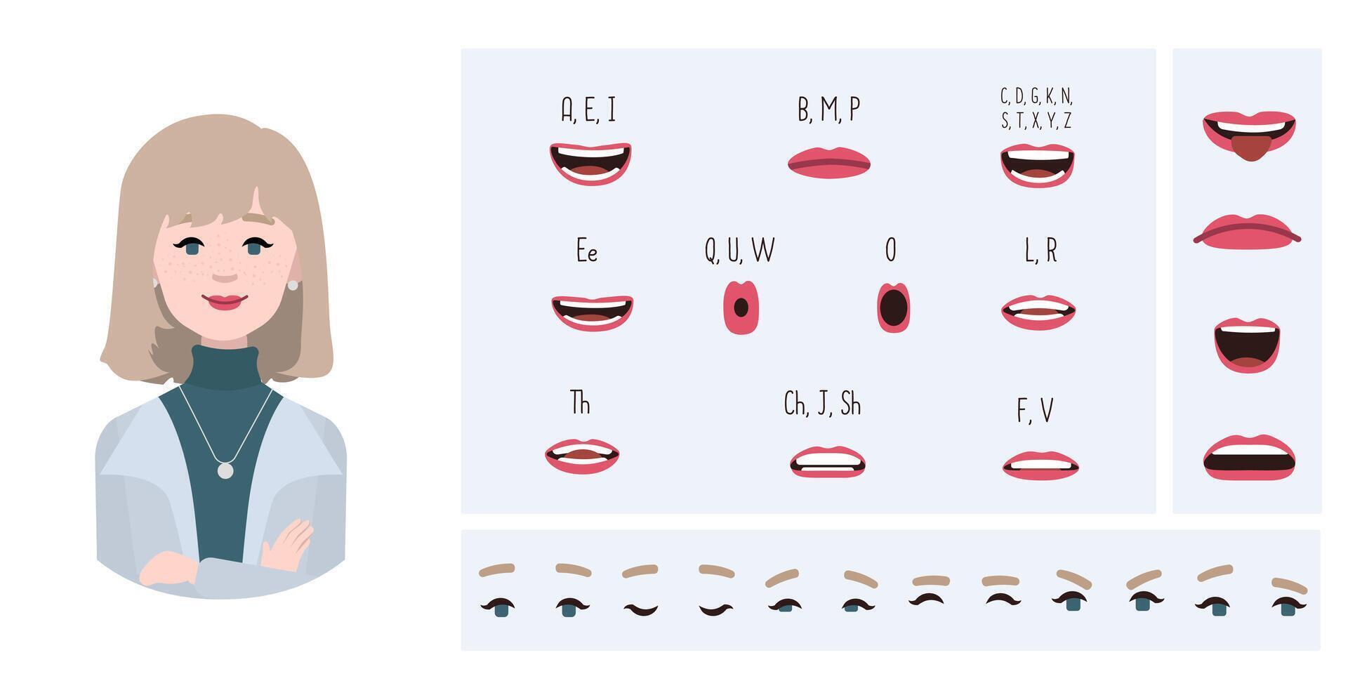 Business office woman avatar creation suitable for animation. Generator, constructor of diverse eyes, lips, emotion expressions mouth animation and lip sync. Woman character face construction. vector