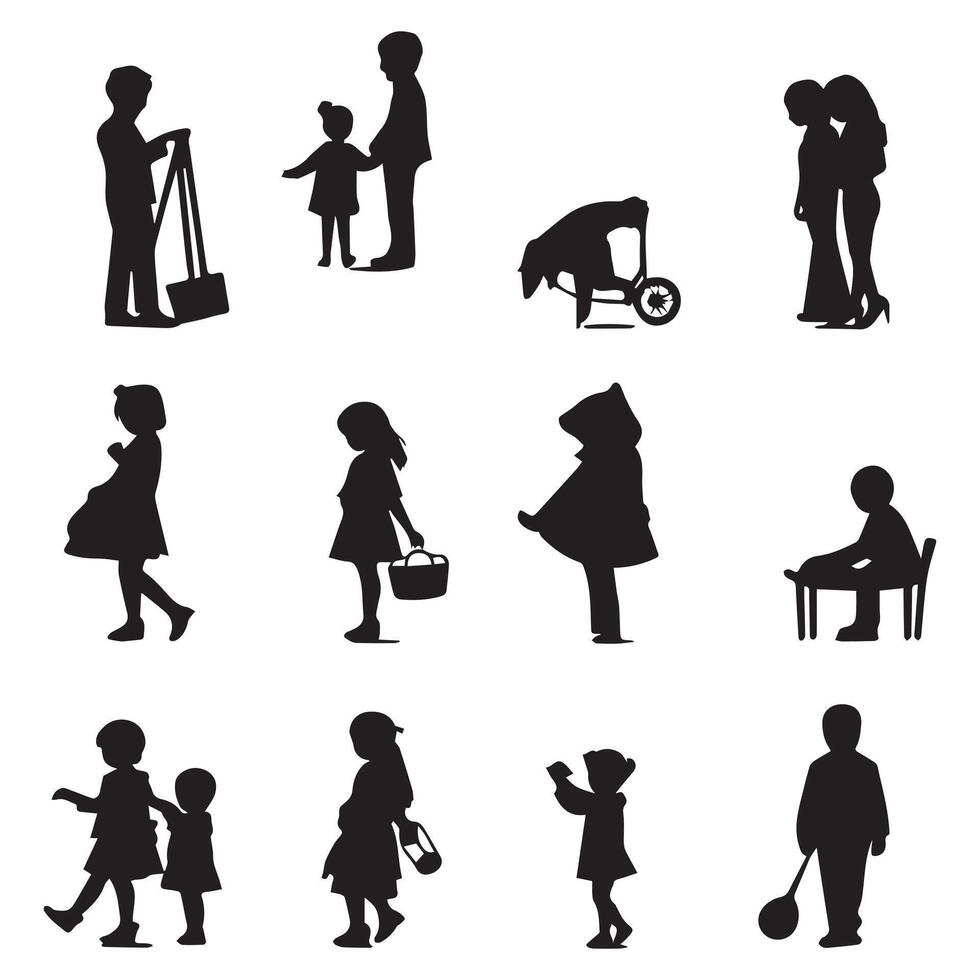 set of silhouettes of people with different activities on a white background vector
