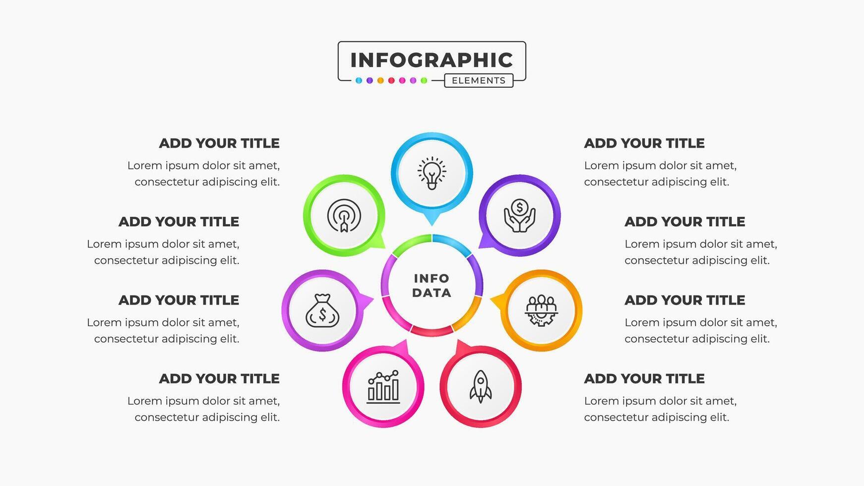 Circular process presentation infographic design template with 8 steps vector