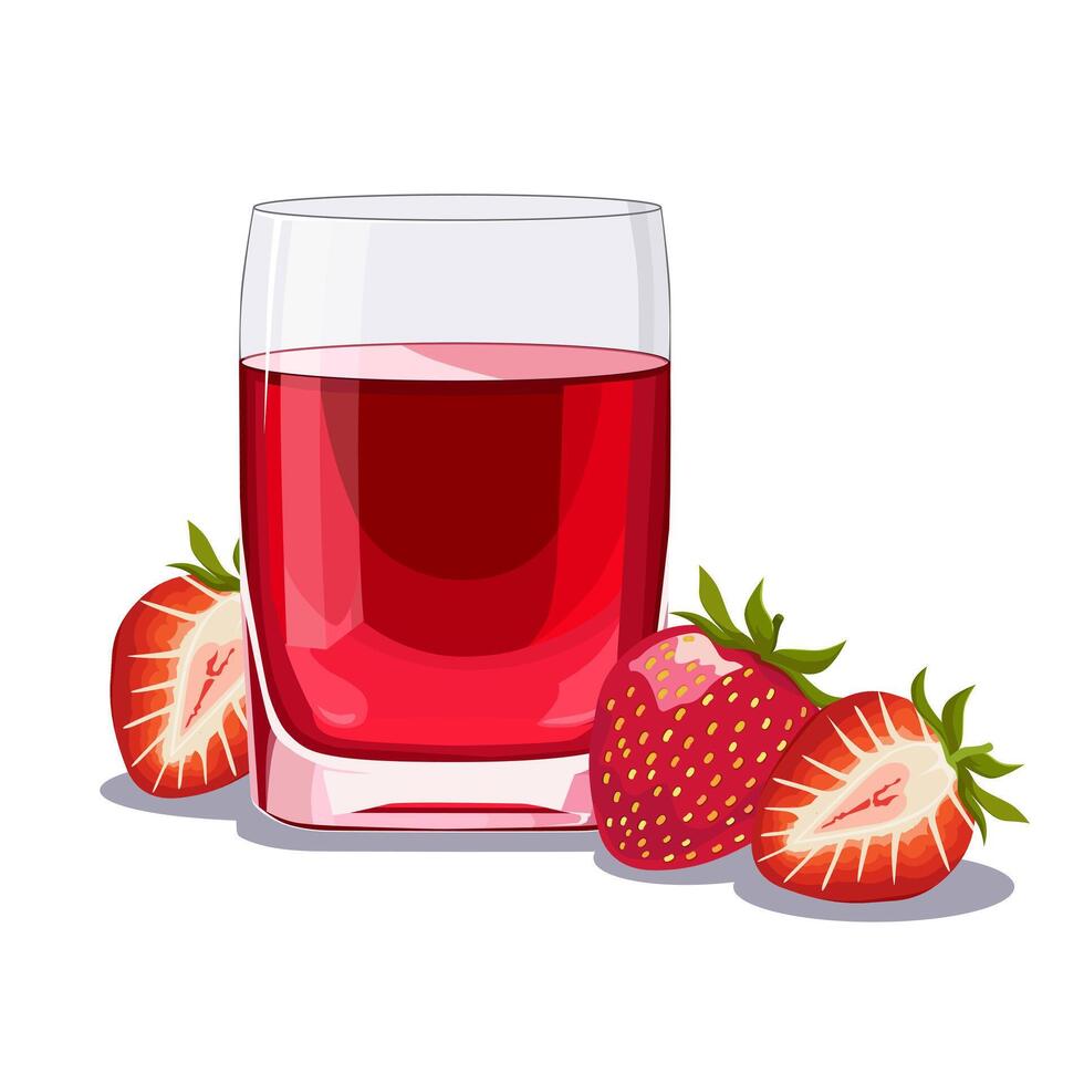Full glass of red freshly and healthy squeezed strawberry juice isolated on white background. illustration in flat style with dietary drink. Summer clipart for card, banner, flyer, poster design vector