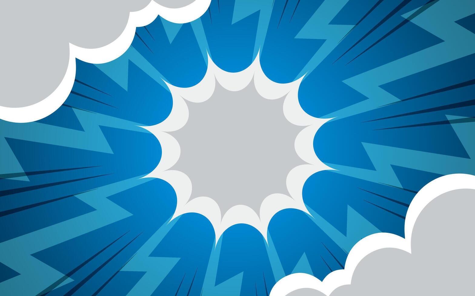 Halftone lightning explosion pop art comic background with clouds. Illustration vector