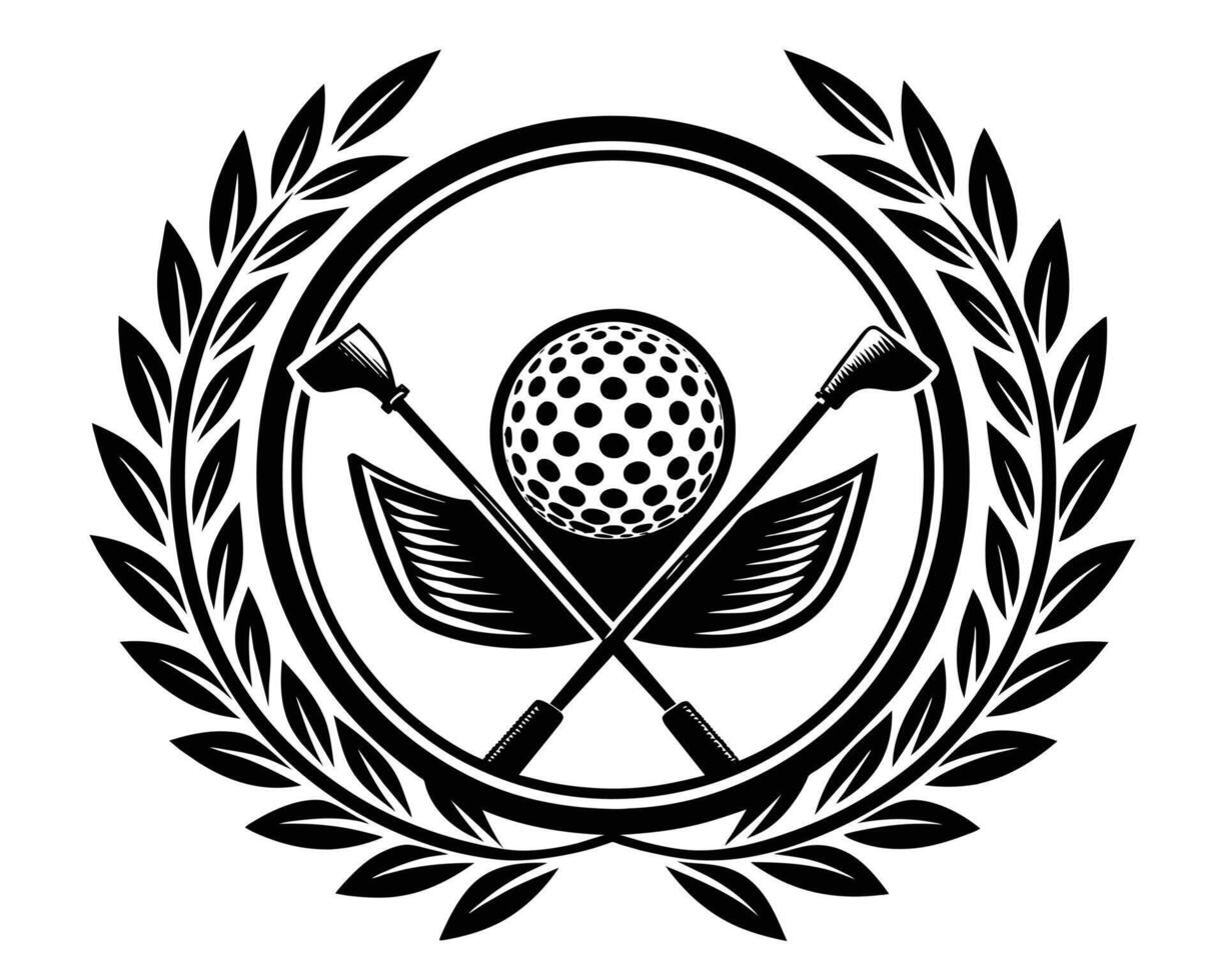 Crossed golf clubs with ball and wheat wreath vector