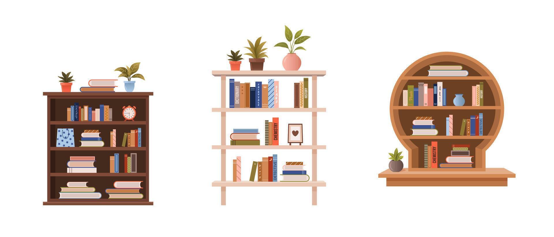 varios estanterías, libro armarios, estantería con pilas de educativo libros, plantas y objetos. aislado plano ilustraciones para libro almacenar, mundo libro día, libro justa diseños vector