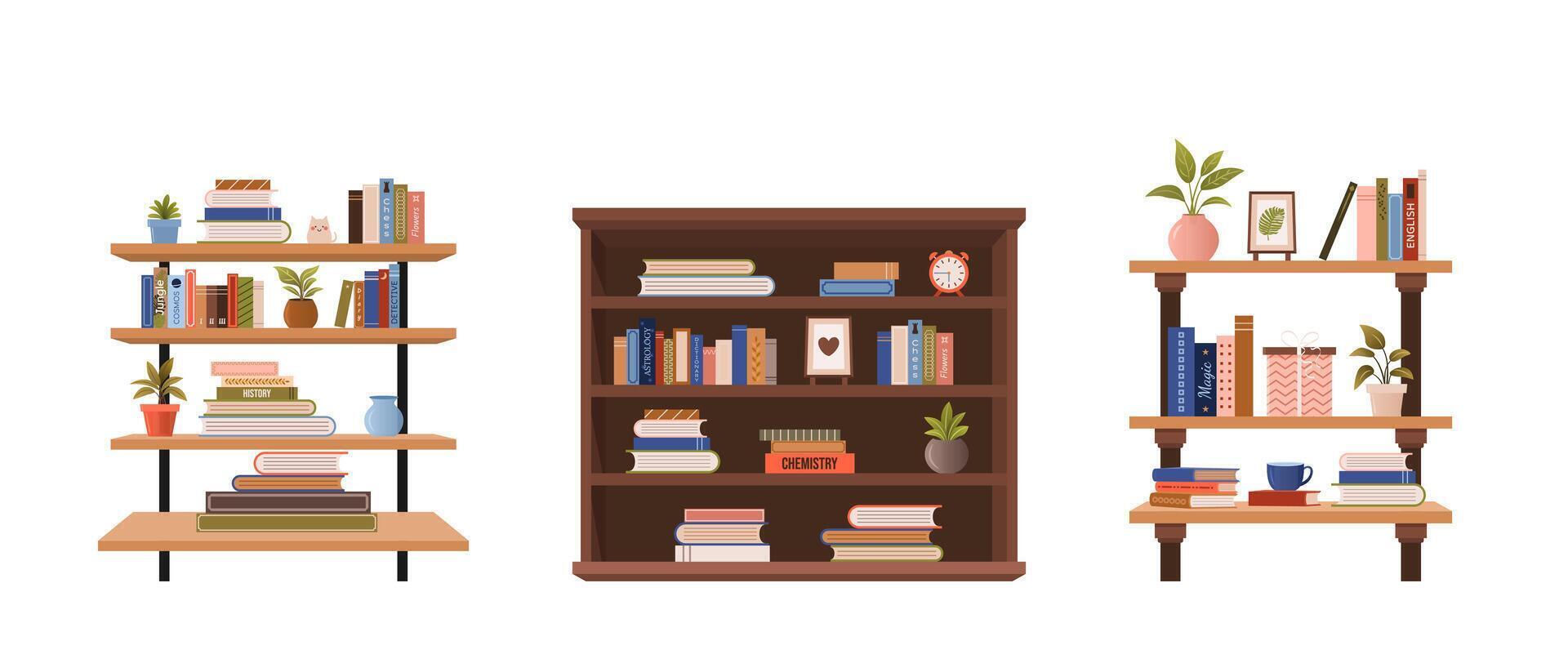 Various bookcases, book cabinets, shelves with stacks of educational books, plants and objects. isolated flat illustrations for book store, World Book Day, book fair designs. vector