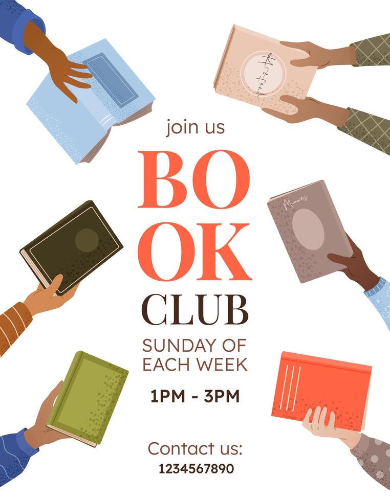 Book club vertical poster for advertising, promo, invitation, sale. Human hands holding various books. banner on white background. Education and event concept. World book day. vector