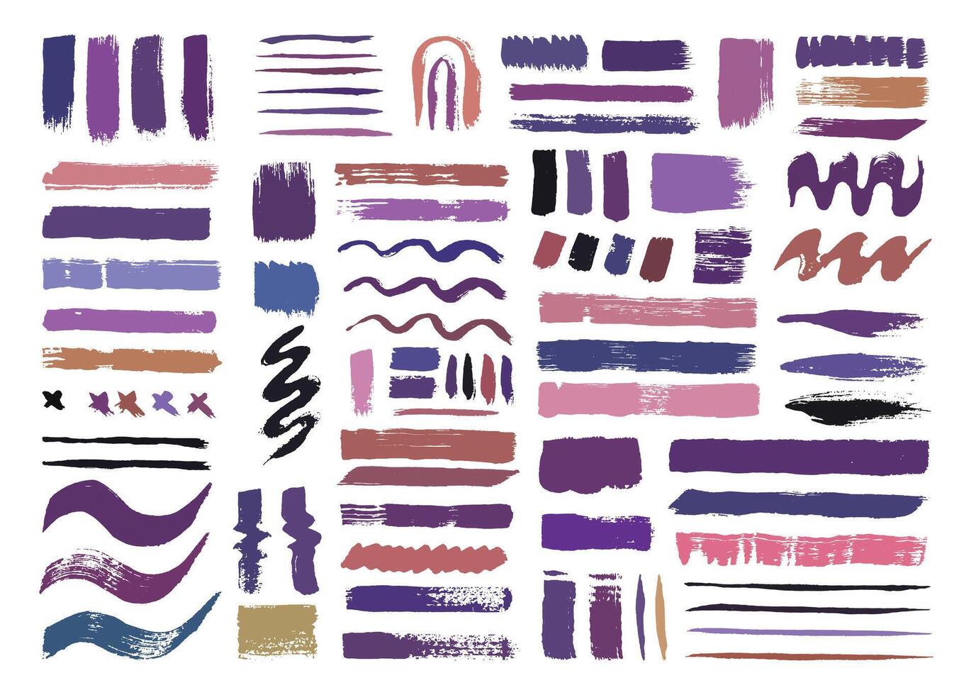 Colorful abstract paint brush strokes art set. Creative grunge brushes design. Wavy lines, stripes, and color blocks template. vector