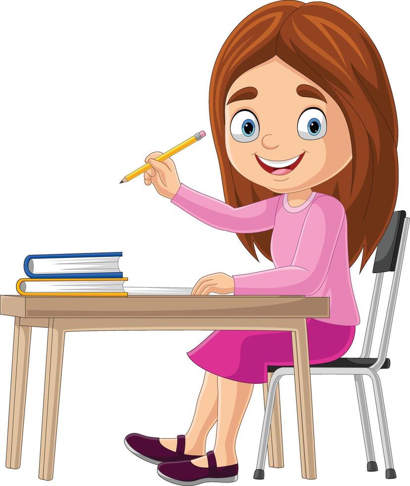 Cartoon little girl studying on the desk vector