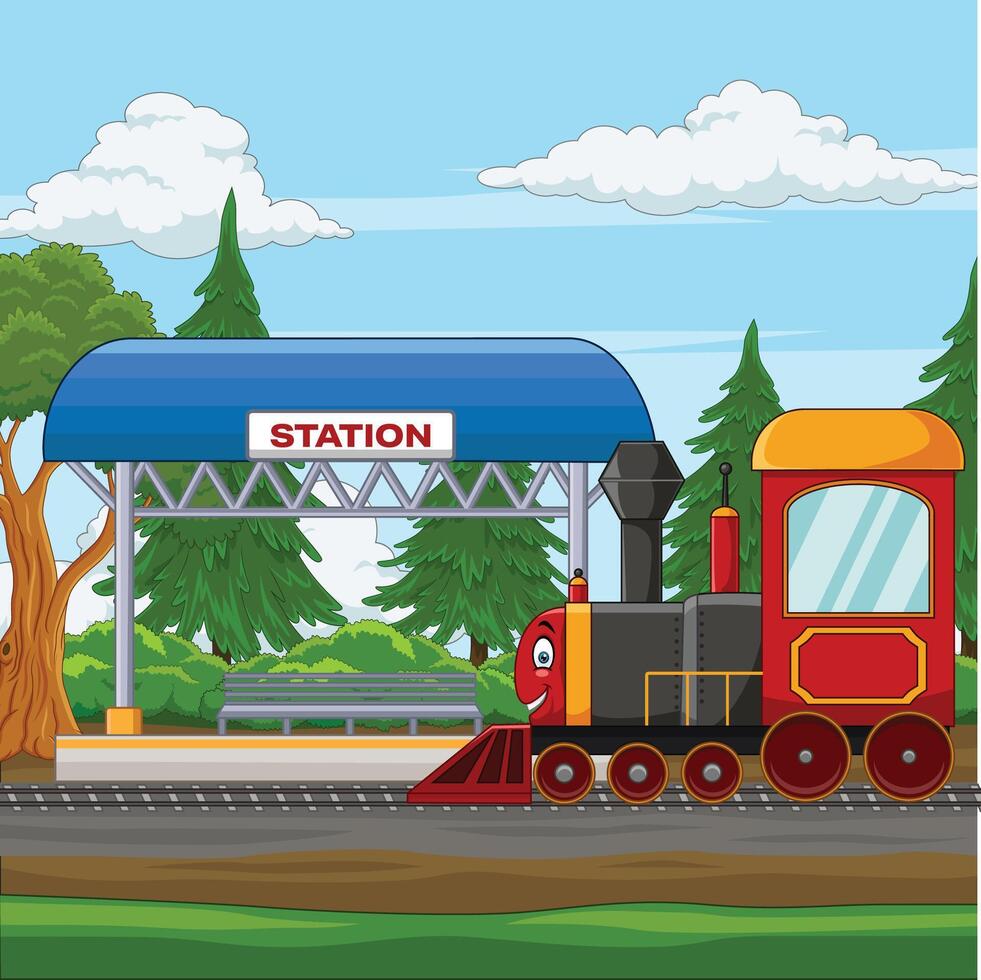 Cartoon train with railway station in the village vector