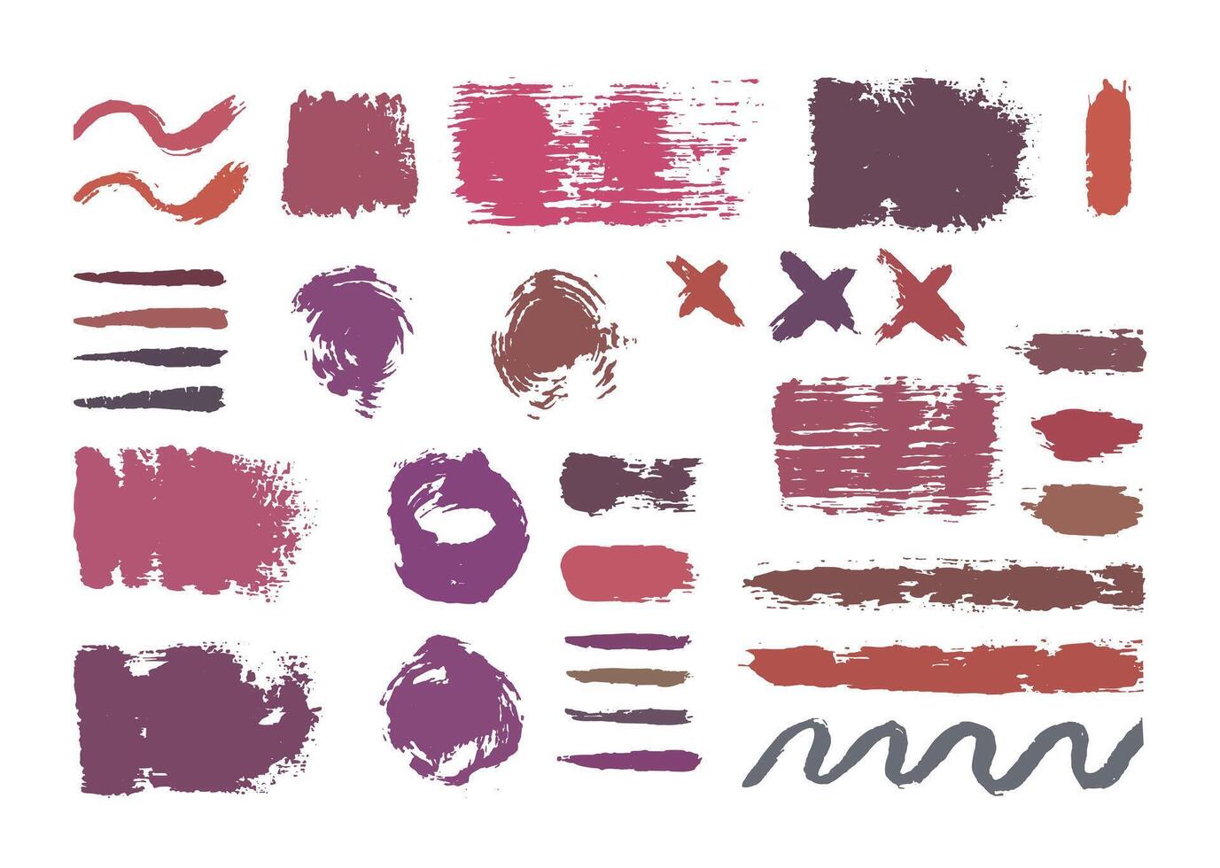 Abstract paint brush stroke template set. Wavy and straight lines, circle, x sign, and color blocks grunge elements. Grunge multicolored strokes layout. vector