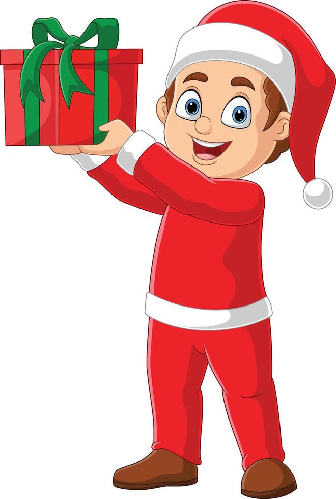 Cartoon little boy in red clothes holding a gift vector