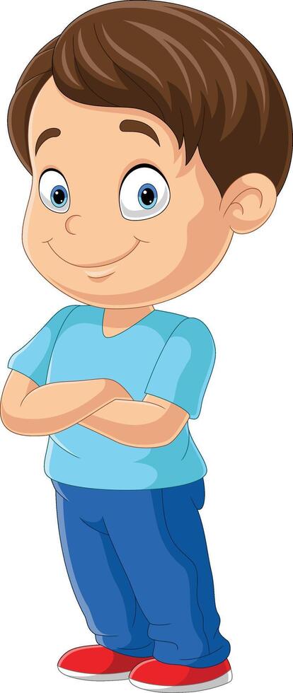 Cartoon little boy stands with arms crossed over his chest vector