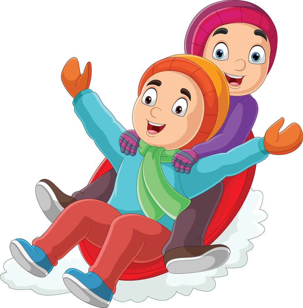 Cartoon two kids sledding down a hill vector
