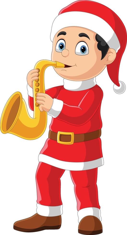 Cartoon little boy in red santa clothes playing golden trumpet vector