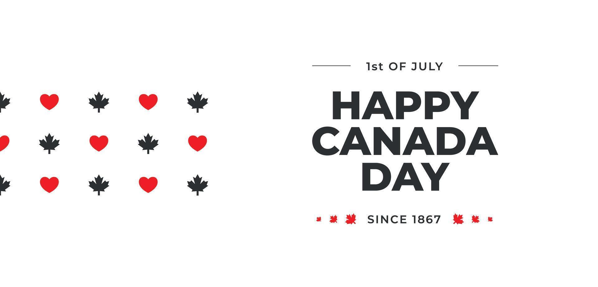 Minimalistic trendy horizontal Canada Day banner. Happy Canada day. 1st of July since 1867 year. Social media post, celebrating design. Maple leaves and hearts. We love Canada. Geometrical style vector